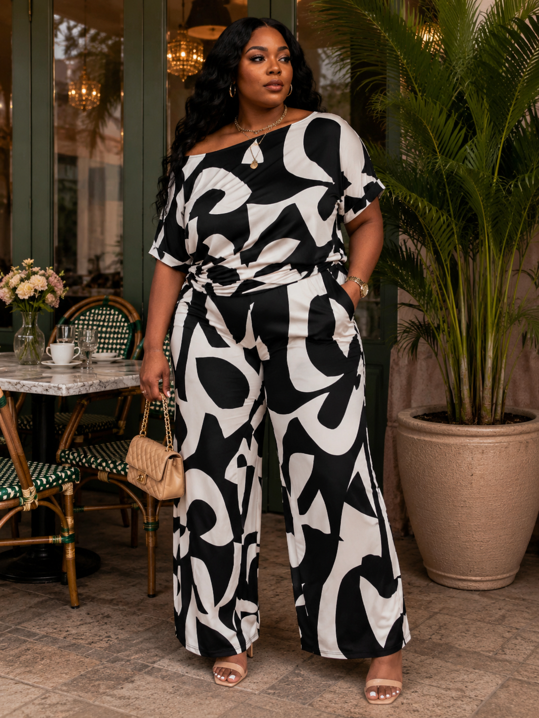 Fasheabe Lori print black and white matching plus size pants set with pockets, featuring a stylish coordinated outfit.