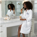 Knee-length waffle robe for women by Plush Fashion Hub, featuring soft textured fabric and a cozy fit.
