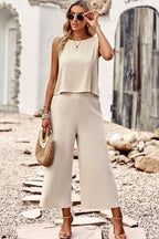 Women's linen blend lounge set with round neck tank top and wide-leg pants, stylish and comfortable women's apparel by Trendsi.