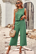 Women's linen blend lounge set with round-neck tank top and wide-leg pants, casual and comfortable women's apparel by Trendsi.
