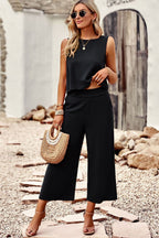 Women's linen blend lounge set with round neck tank top and wide-leg pants, stylish and comfortable for casual wear.