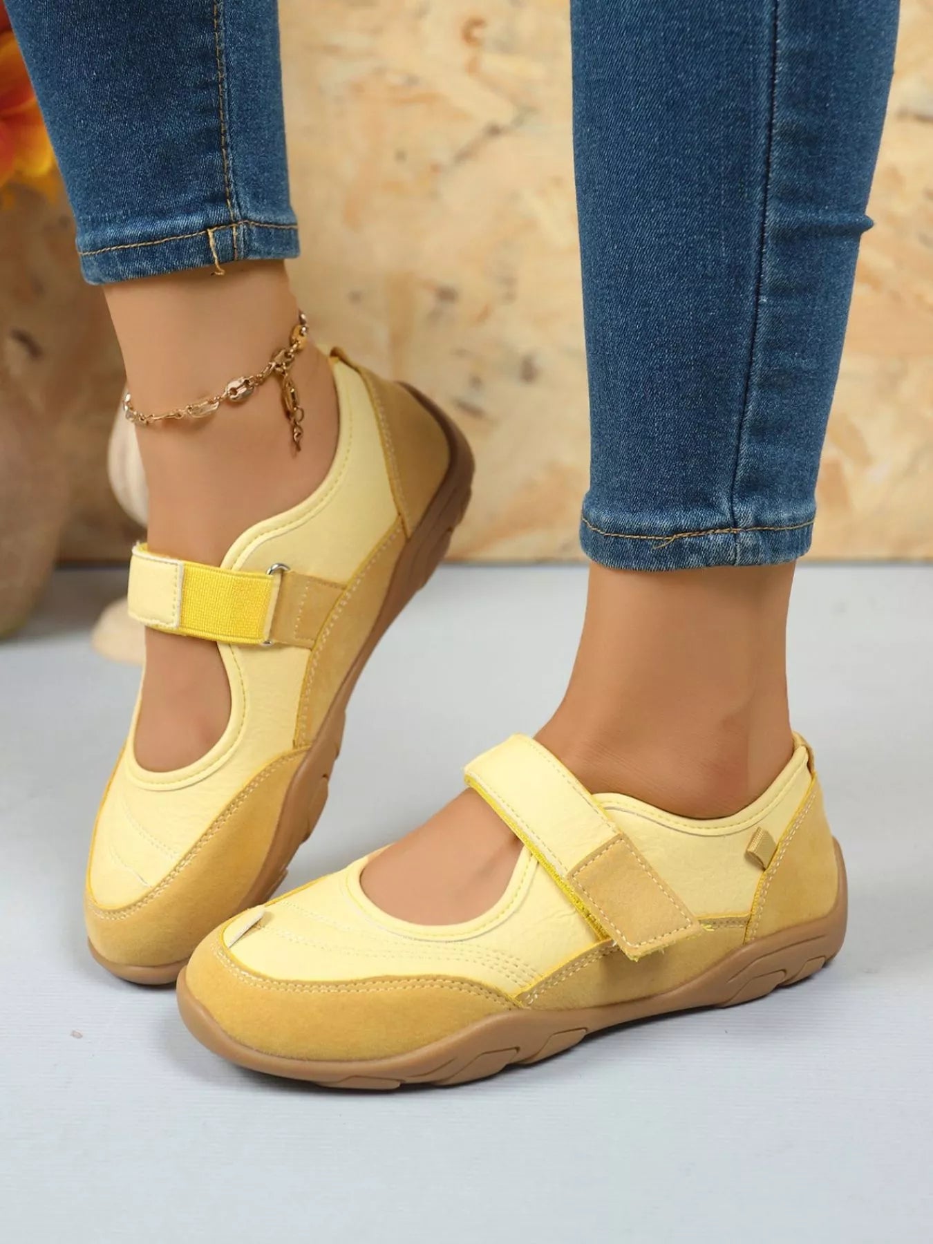 Women's faux leather and suede round toe loafers with Velcro strap, stylish and comfortable shoe by Trendsi.