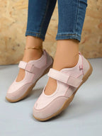 Women's faux leather and suede round toe loafers with Velcro strap, stylish and comfortable shoe from Trendsi.