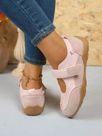 Women's faux leather and suede round toe loafers with velcro strap, trendy slip-on shoe by Trendsi.