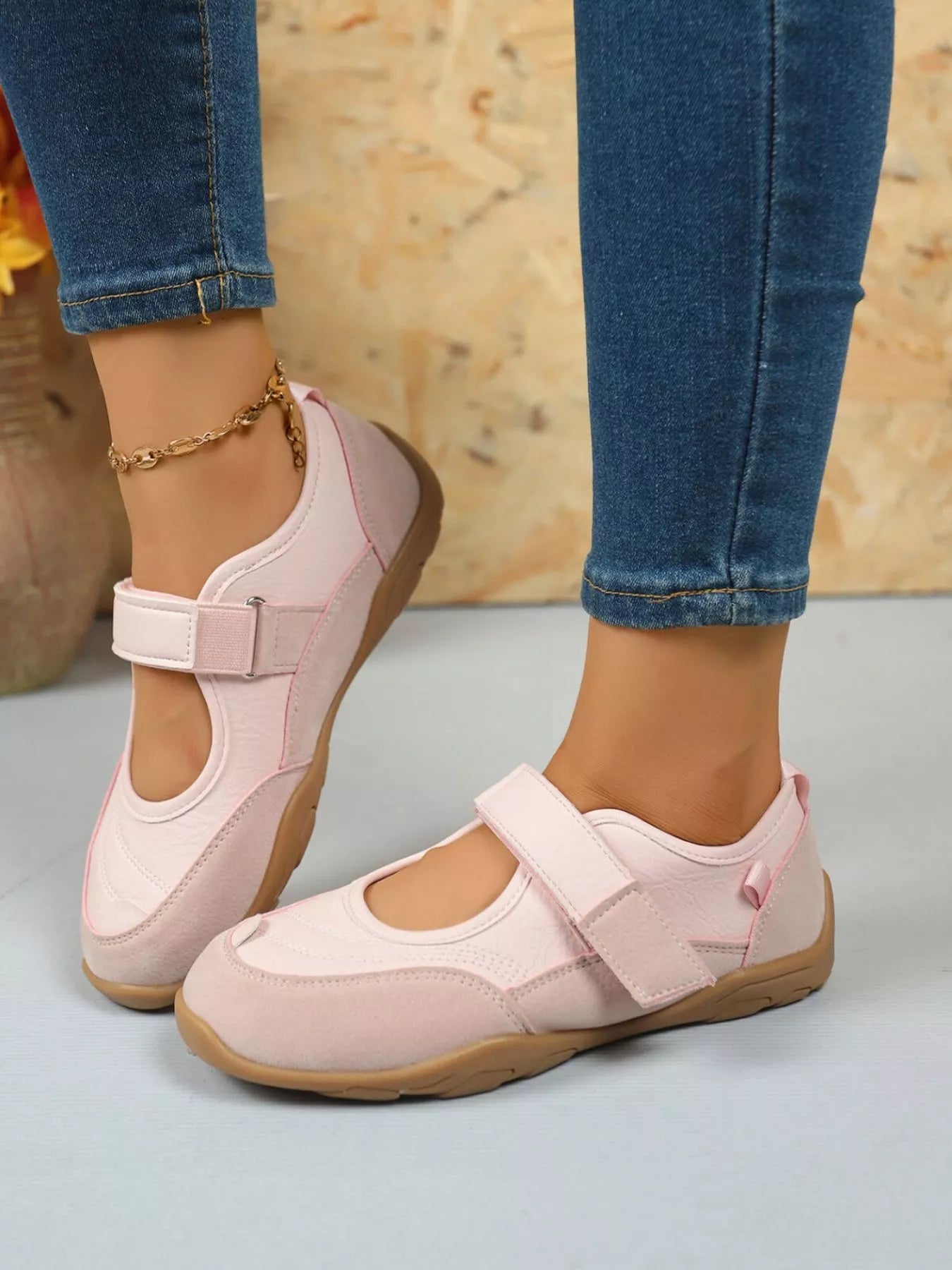 Women's faux leather and suede round toe loafers with Velcro straps, stylish and comfortable shoe from Trendsi.