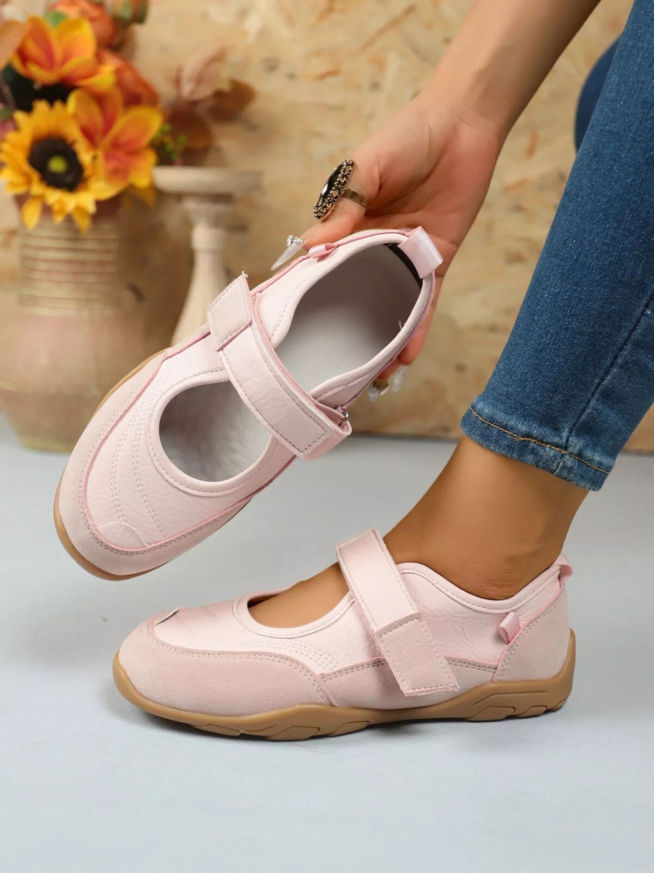 Women's faux leather and suede round toe loafers with Velcro straps, stylish and comfortable slip-on shoe by Trendsi.