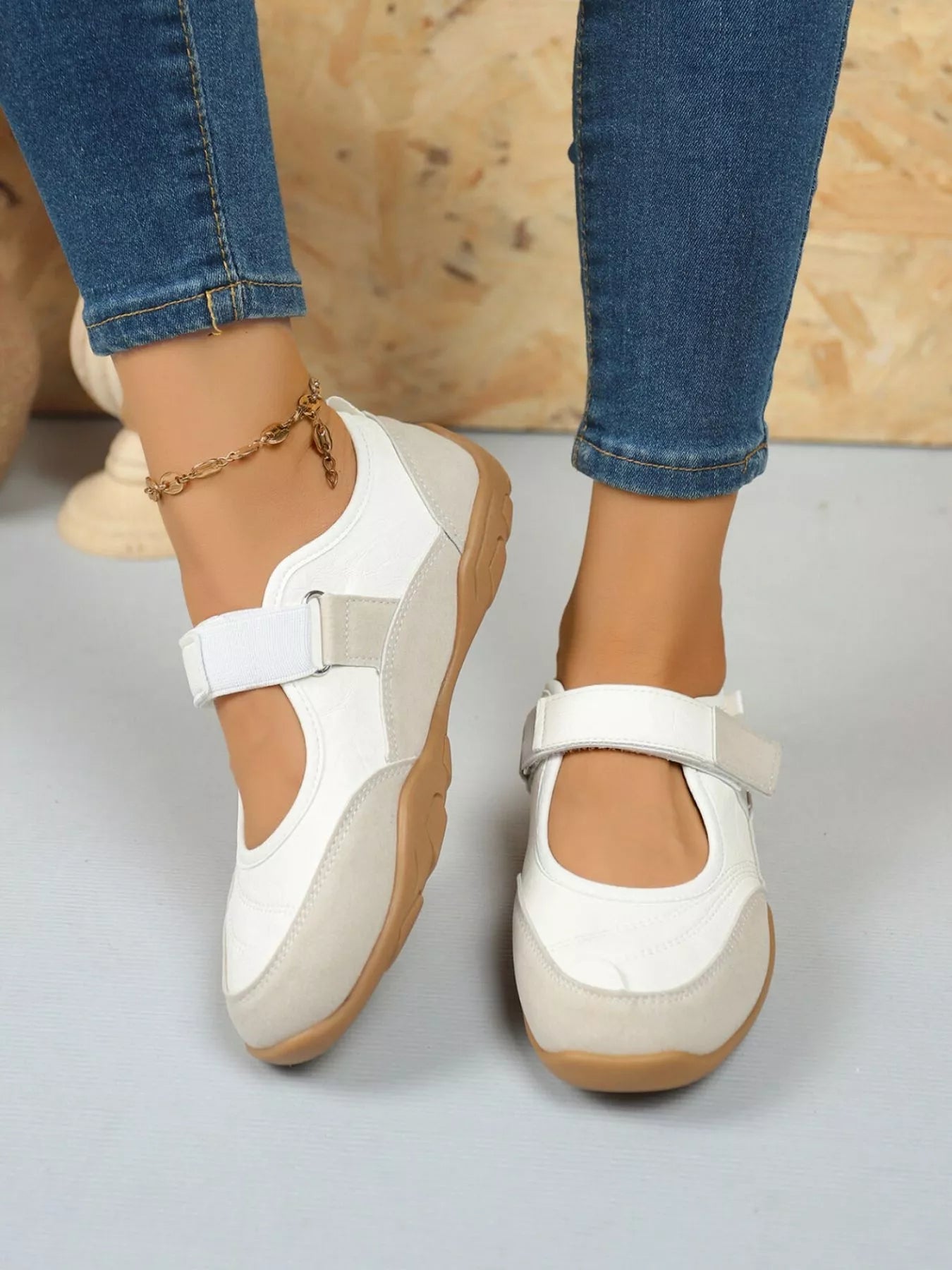 Women's faux leather and suede round toe loafers with velcro strap, stylish and comfortable shoes from Trendsi.