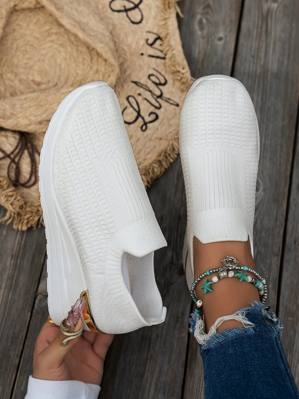 Women's round toe wedge sneakers by Trendsi, showcasing breathable fabric and stylish comfort footwear design.