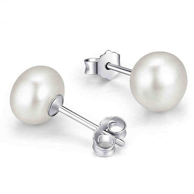 Sterling silver needle earrings with natural freshwater pearl studs, delicate jewelry from Plush Fashion Hub