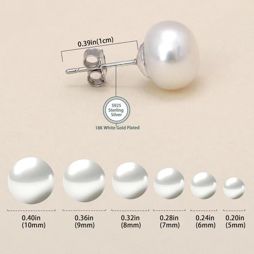 Sterling silver freshwater pearl ear studs with needle posts, elegant jewelry accessory, natural luster, Plush Fashion Hub.
