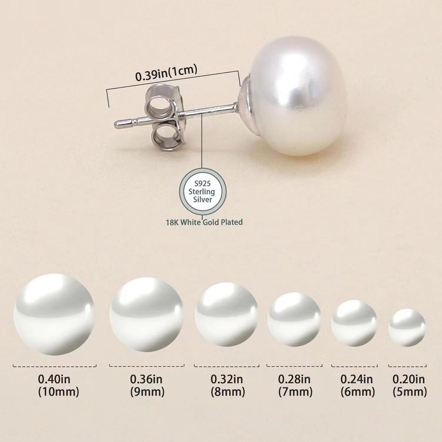 Sterling silver freshwater pearl ear studs with S925 silver posts, showcasing elegant, round pearl jewelry for women.