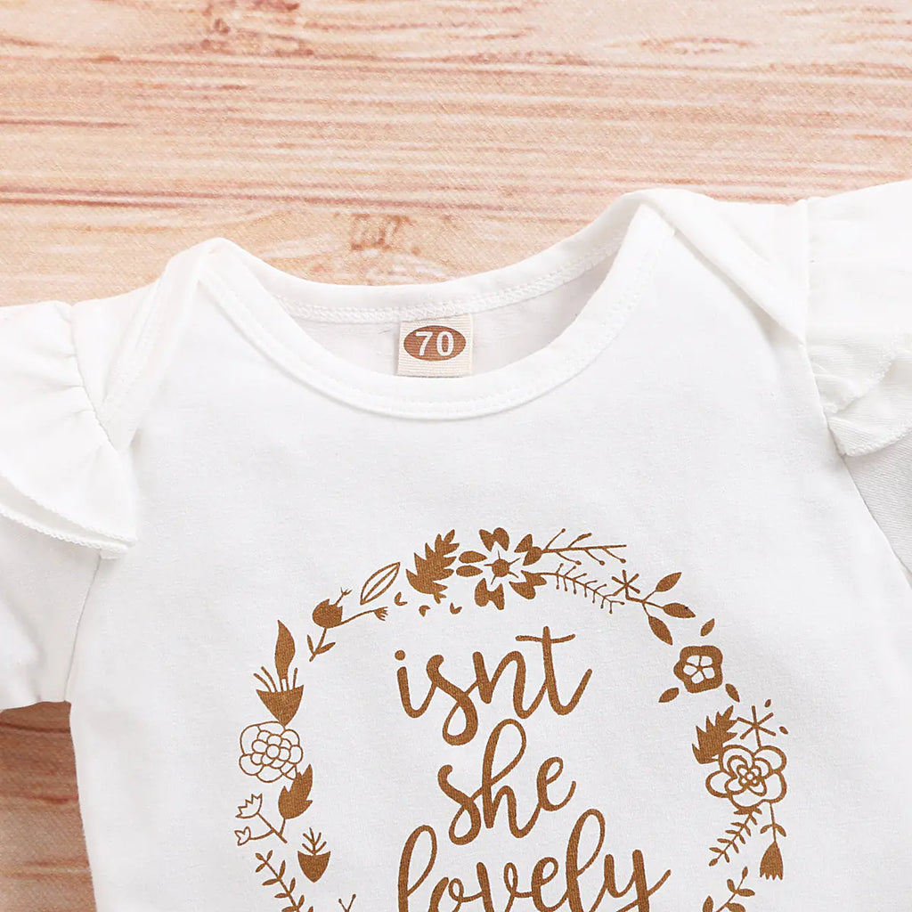 Infant girls' summer outfit set with letter bodysuit and matching shorts, casual and cute for warm weather.