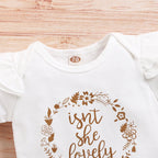 Infant girls' summer outfit set with letter bodysuit and matching shorts, casual and cute for warm weather.