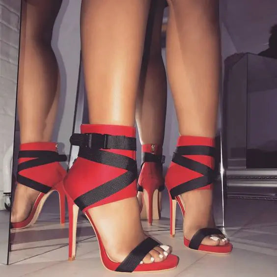 Women’s summer peep-toe strappy high heels by Plush Fashion Hub, stylish open-toe shoes with ankle straps and block heels.