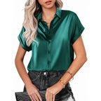 Short-sleeve satin button shirt by Bella Mia, casual loose-fit satin top for women, stylish and comfortable everyday wear