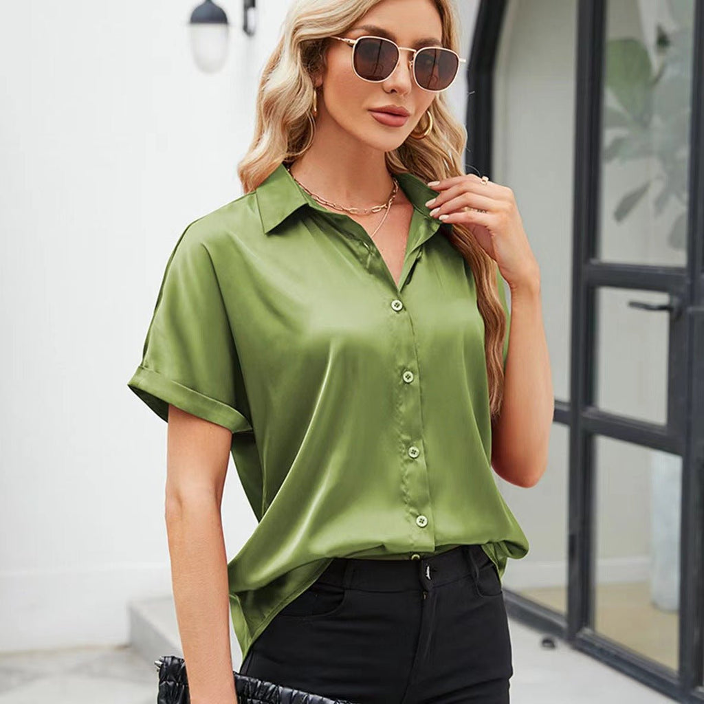 Bella Mia short sleeve satin button shirt for women, casual loose fit, stylish satin top with clean button details.