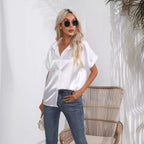 Loose short sleeve satin button shirt for women by Bella Mia, casual and stylish satin top with a relaxed fit.