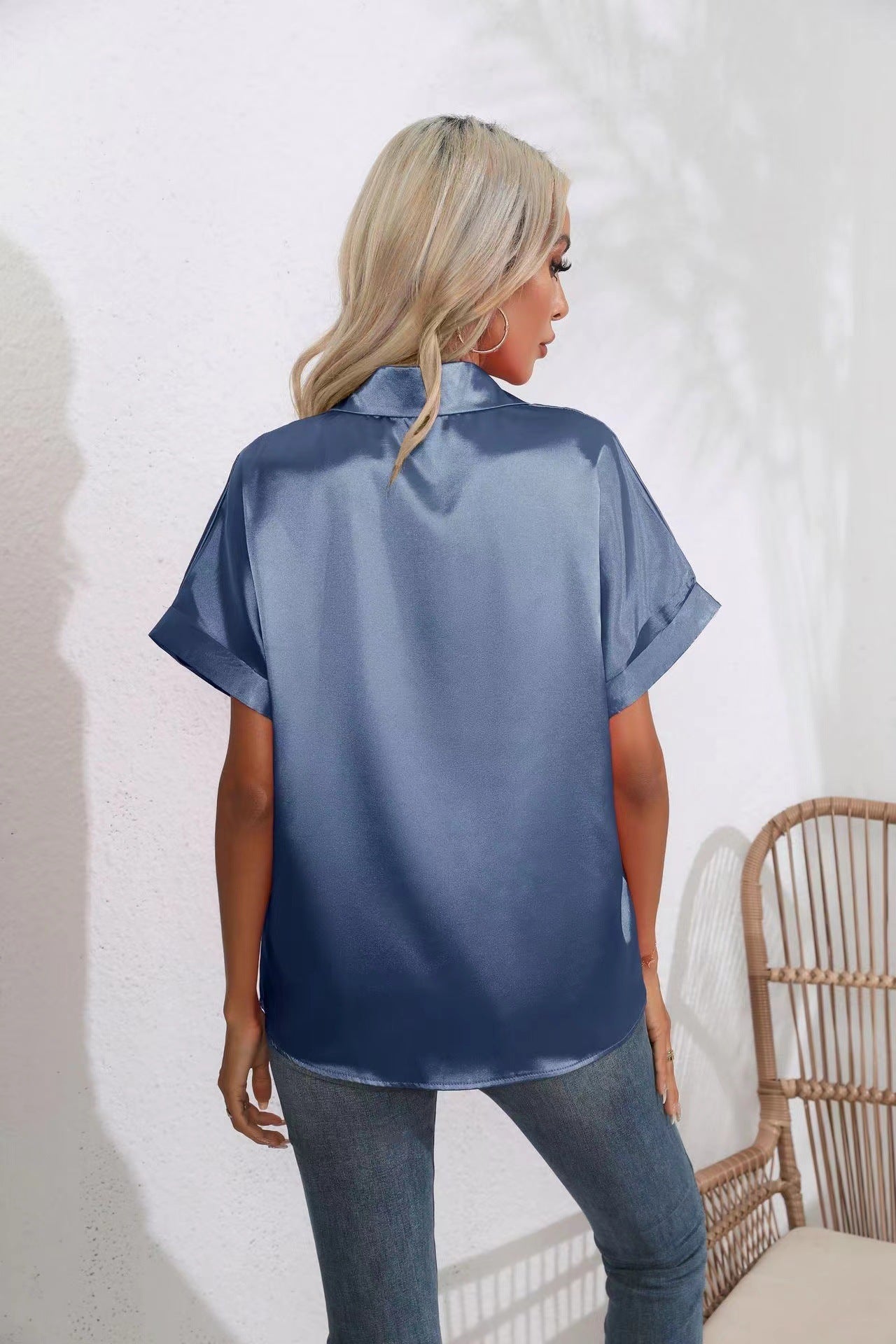 Bella Mia short sleeve satin shirt featuring a casual loose fit, satin fabric, and button-front design for women.