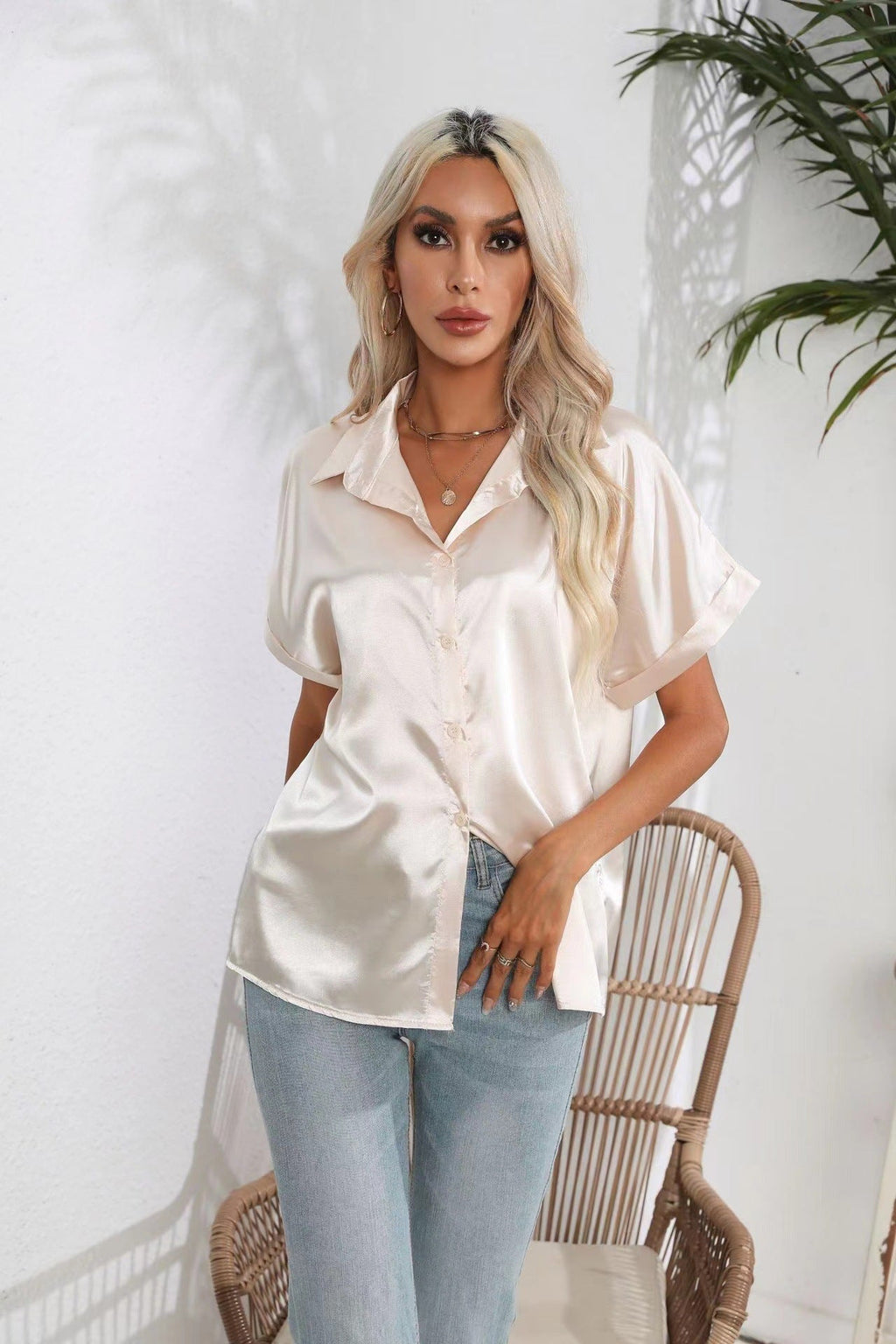 Bella Mia short sleeve satin shirt with button front, casual loose fit for women, stylish satin top for everyday wear.