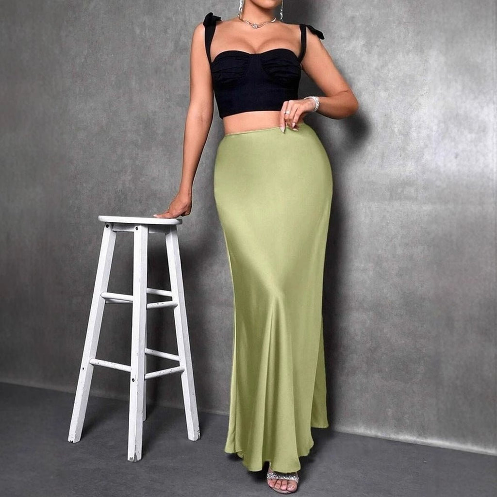 Elegant satin A-line long skirt for women, suitable for autumn and winter, by Bella Mia. Smooth fabric and simple design.