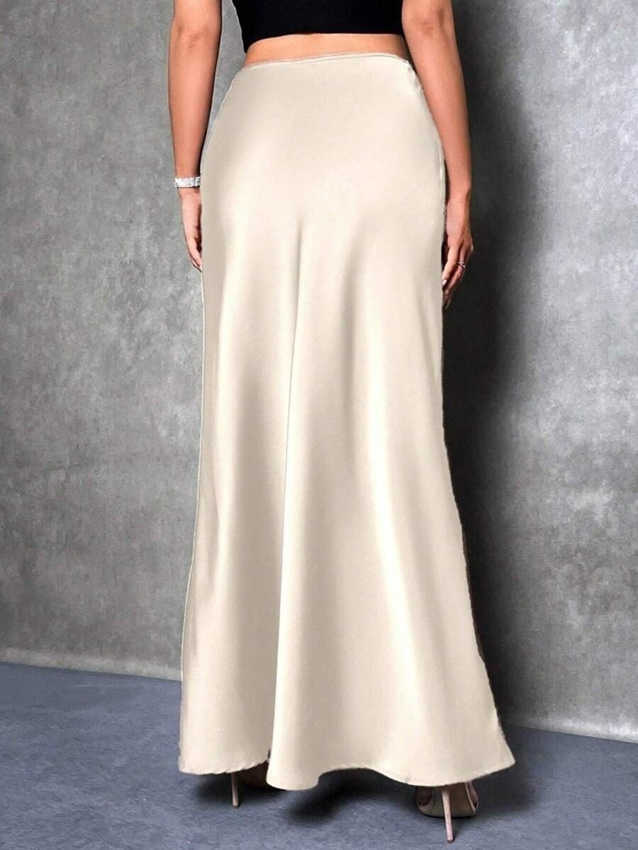 Elegant satin A-line long skirt for women, suitable for autumn and winter, by Bella Mia, features a simple, stylish design.