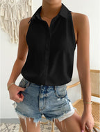 Satin sleeveless women's shirt in solid color, perfect for spring casual or office wear, by Bella Mia.