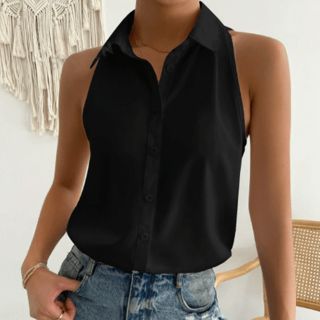 Bella Mia satin sleeveless women's shirt in solid color, perfect for spring, casual or office wear, with a smooth satin finish.