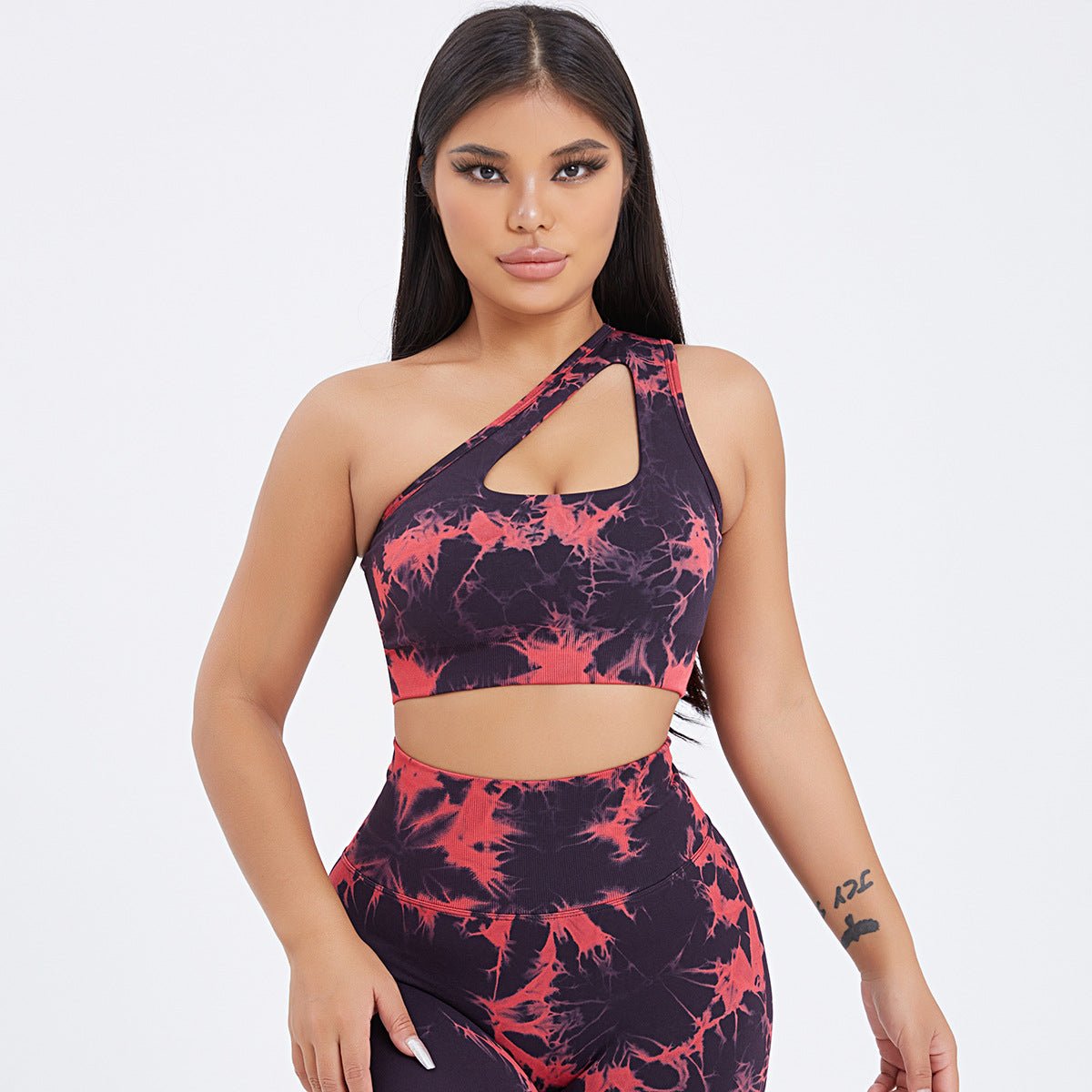 Seamless one-shoulder bra and scrunch high-waisted leggings set from Plush Fashion Hub, designed for activewear and yoga.