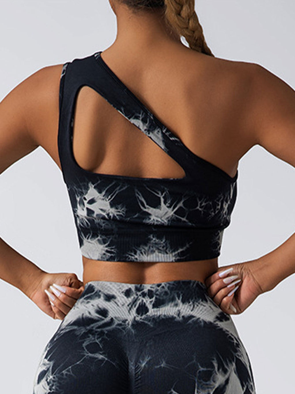 Seamless one-shoulder bra and scrunch high-waisted yoga leggings set from Plush Fashion Hub, perfect for activewear and yoga workouts.