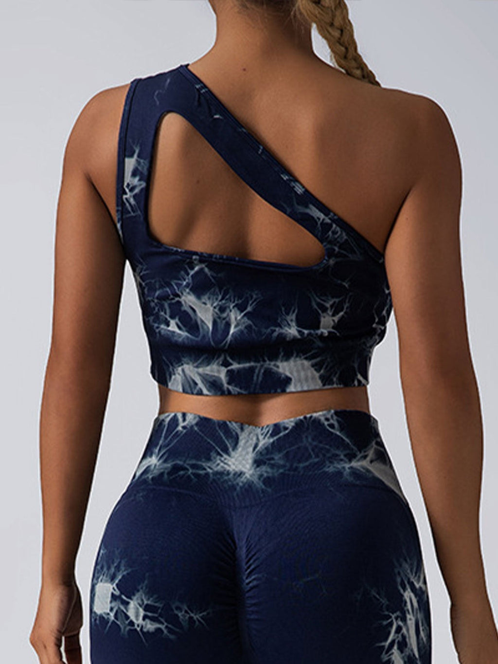 Seamless one-shoulder bra and scrunch high-waisted yoga leggings set from Plush Fashion Hub, perfect for activewear and yoga workouts.