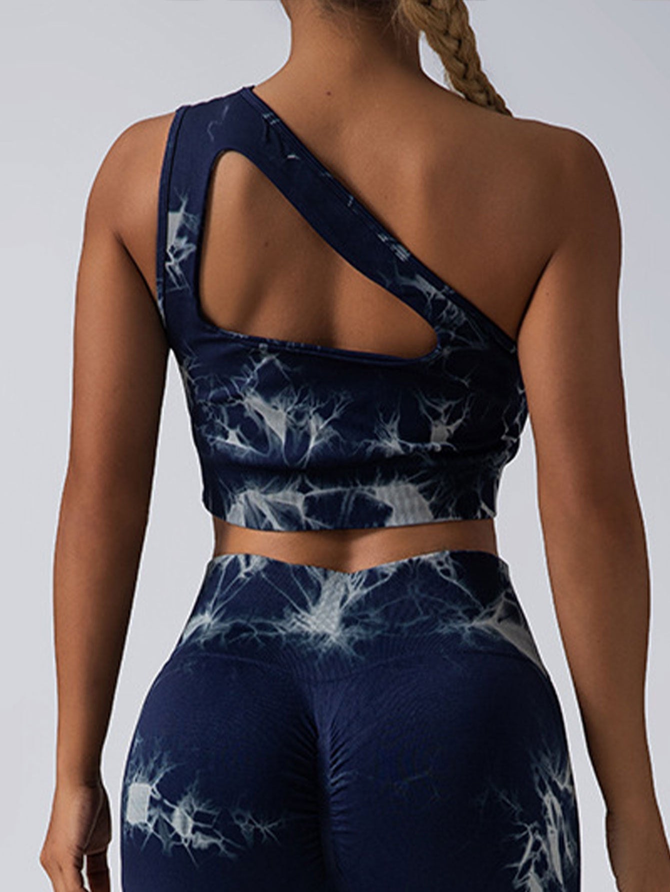 Seamless one-shoulder bra and scrunch high-waisted yoga leggings set from Plush Fashion Hub, perfect for activewear and yoga workouts.