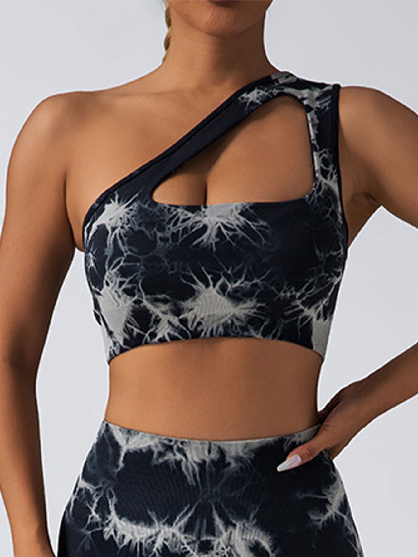 Seamless one-shoulder bra and scrunch high-waisted yoga leggings set by Plush Fashion Hub, ideal for activewear workouts.