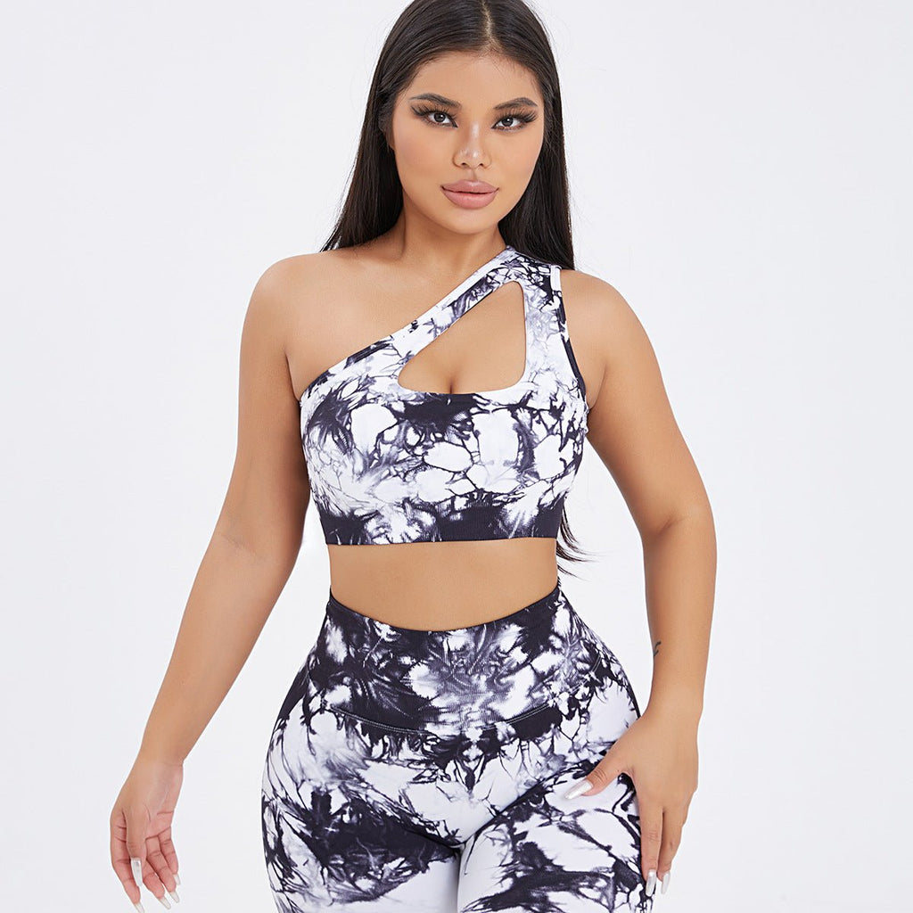 Seamless one-shoulder bra and scrunch high-waisted yoga leggings set in activewear from Plush Fashion Hub, designed for workout comfort.