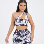 Seamless one-shoulder bra and scrunch high-waisted yoga leggings set in activewear from Plush Fashion Hub, designed for workout comfort.