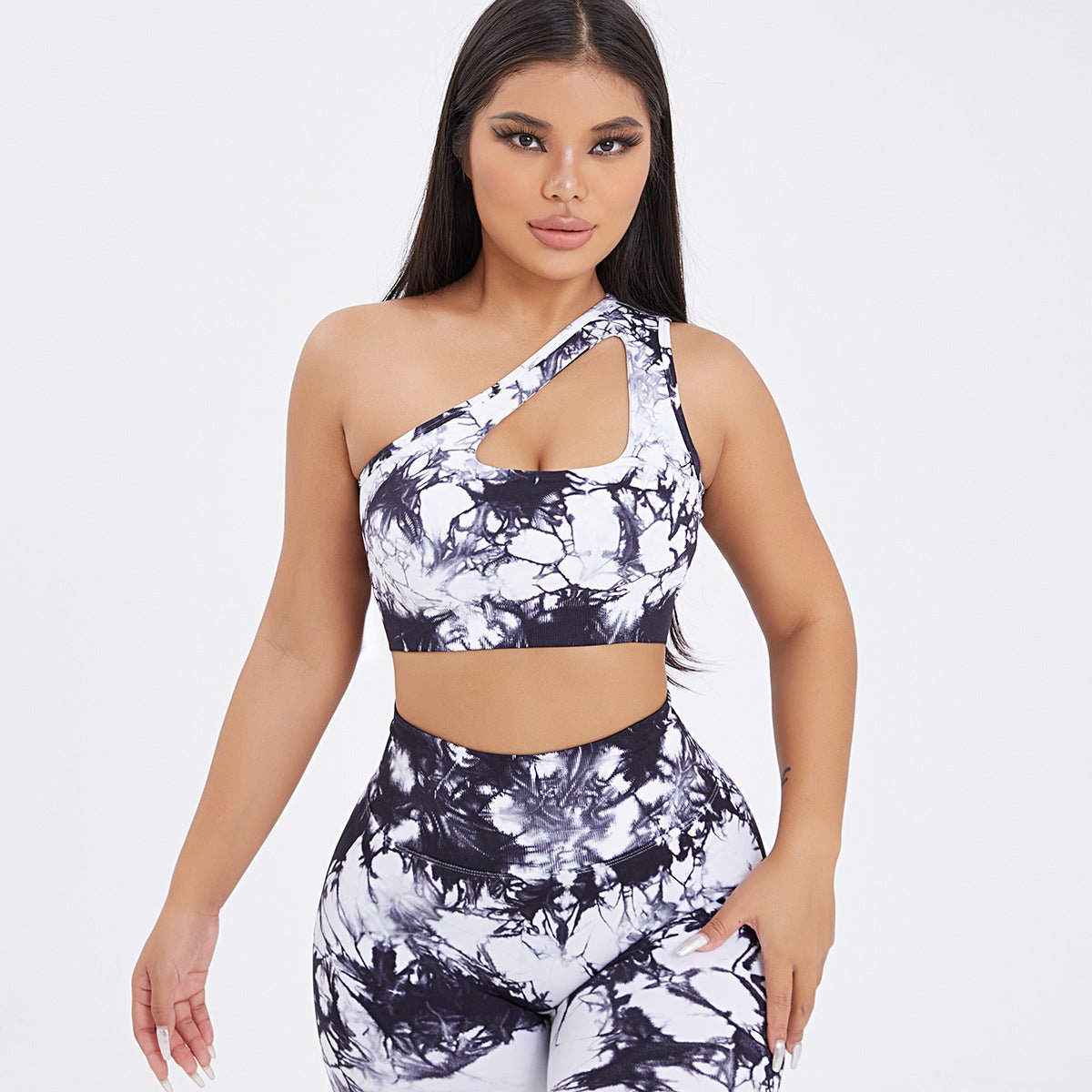 Seamless one-shoulder bra and scrunch high-waisted yoga leggings set in activewear from Plush Fashion Hub, designed for workout comfort.