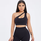 Seamless one-shoulder bra and scrunch high-waisted leggings set from Plush Fashion Hub, ideal for activewear and yoga workouts.