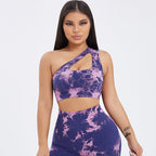 Seamless one-shoulder bra and scrunch high-waisted yoga leggings set in activewear by Plush Fashion Hub for comfortable workouts.