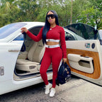 Women's two-piece sports set with letter print, featuring a comfortable top and matching pants from Trendy Attic Store01