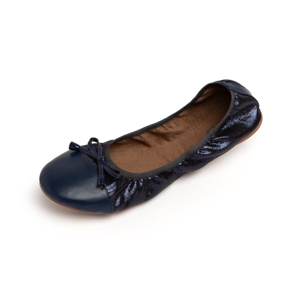 Pair of Talaria Flats in premium navy blue footwear with a sleek, comfortable design and a smooth finish.