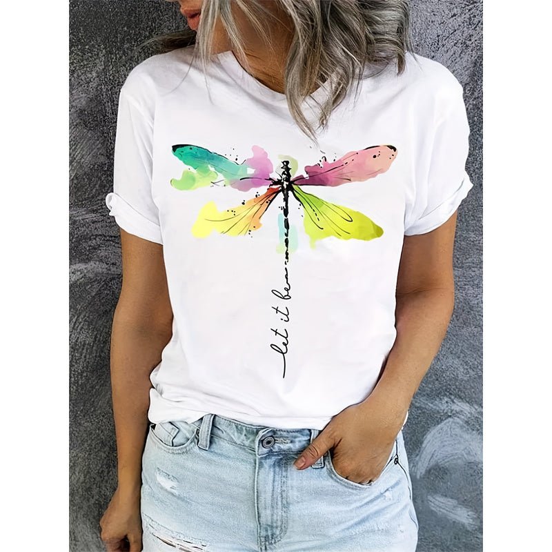 Casual short sleeve T-shirt with dragonfly pattern and round neck from Plush Fashion Hub, perfect for everyday wear.