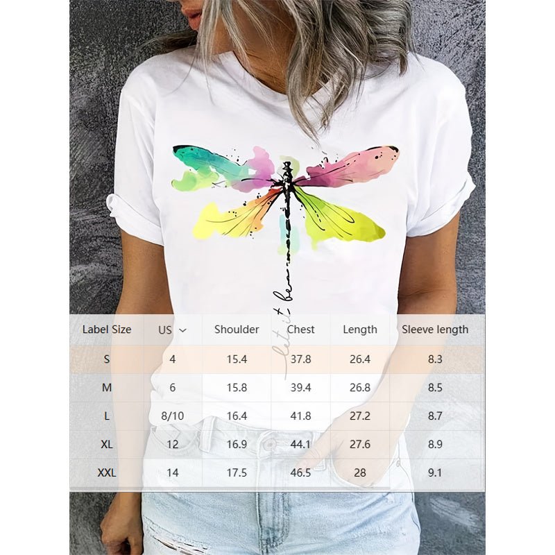 Casual short sleeve T-shirt with a dragonfly pattern and round neck by Plush Fashion Hub, perfect for everyday wear.