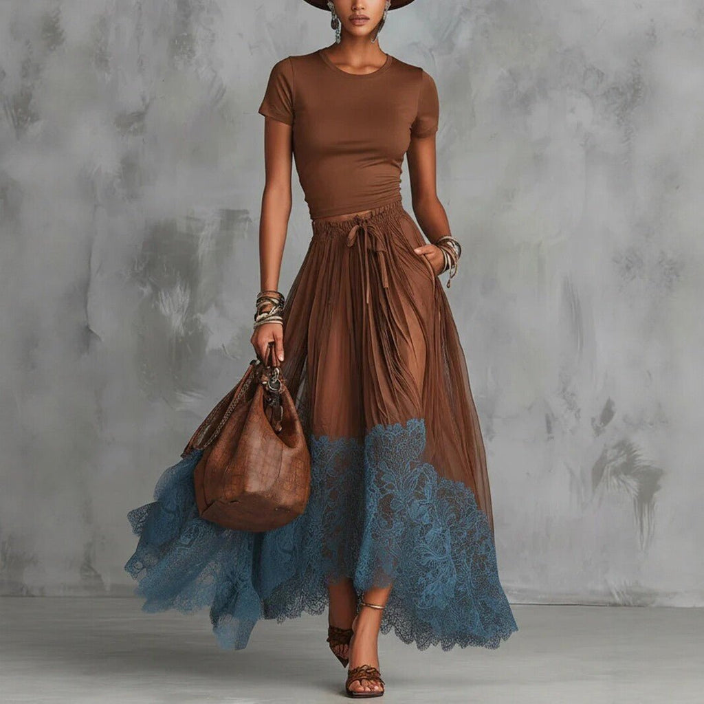 Casualwear set featuring a short-sleeve top and lace-panel midi skirt by Plush Fashion Hub, displayed on a neutral background.