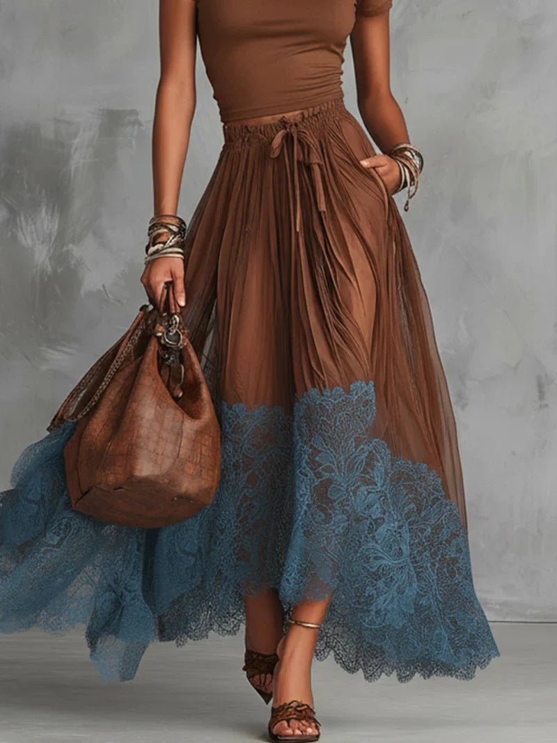 Casualwear set featuring a short-sleeve top and lace-panel midi skirt from Plush Fashion Hub, styled together for a chic look.