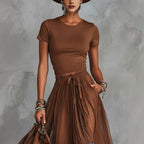Casual short-sleeve top with lace-panel midi skirt set from Plush Fashion Hub, featuring a stylish and comfortable outfit.