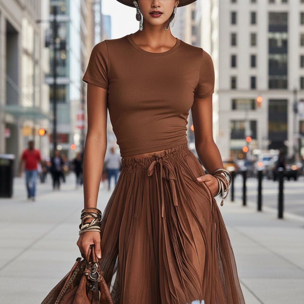 Casualwear short-sleeve top and lace-panel midi skirt set by Plush Fashion Hub, shown on a model with stylish accessories.