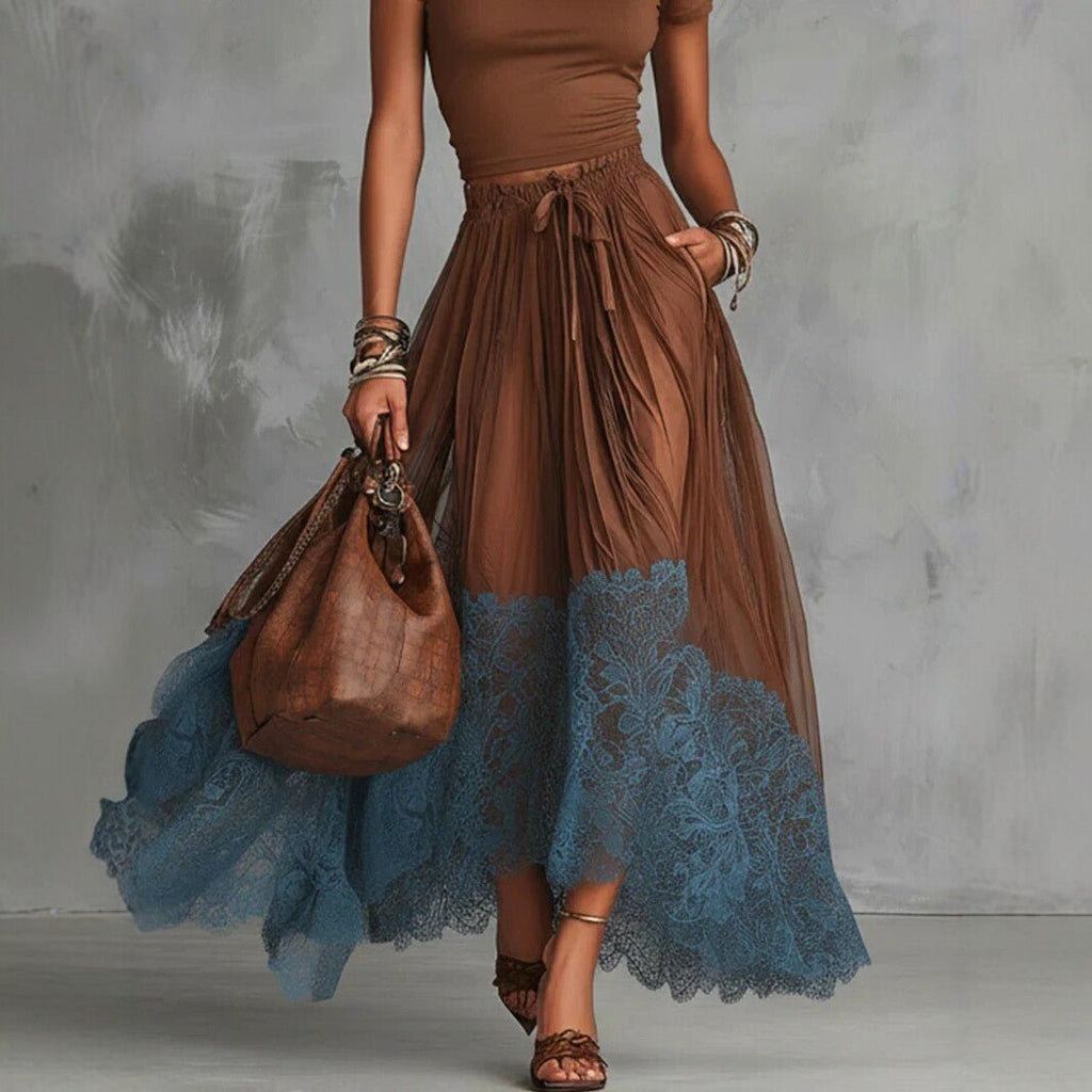 Casualwear set with a short-sleeve top and lace-panel midi skirt by Plush Fashion Hub, shown on a model.