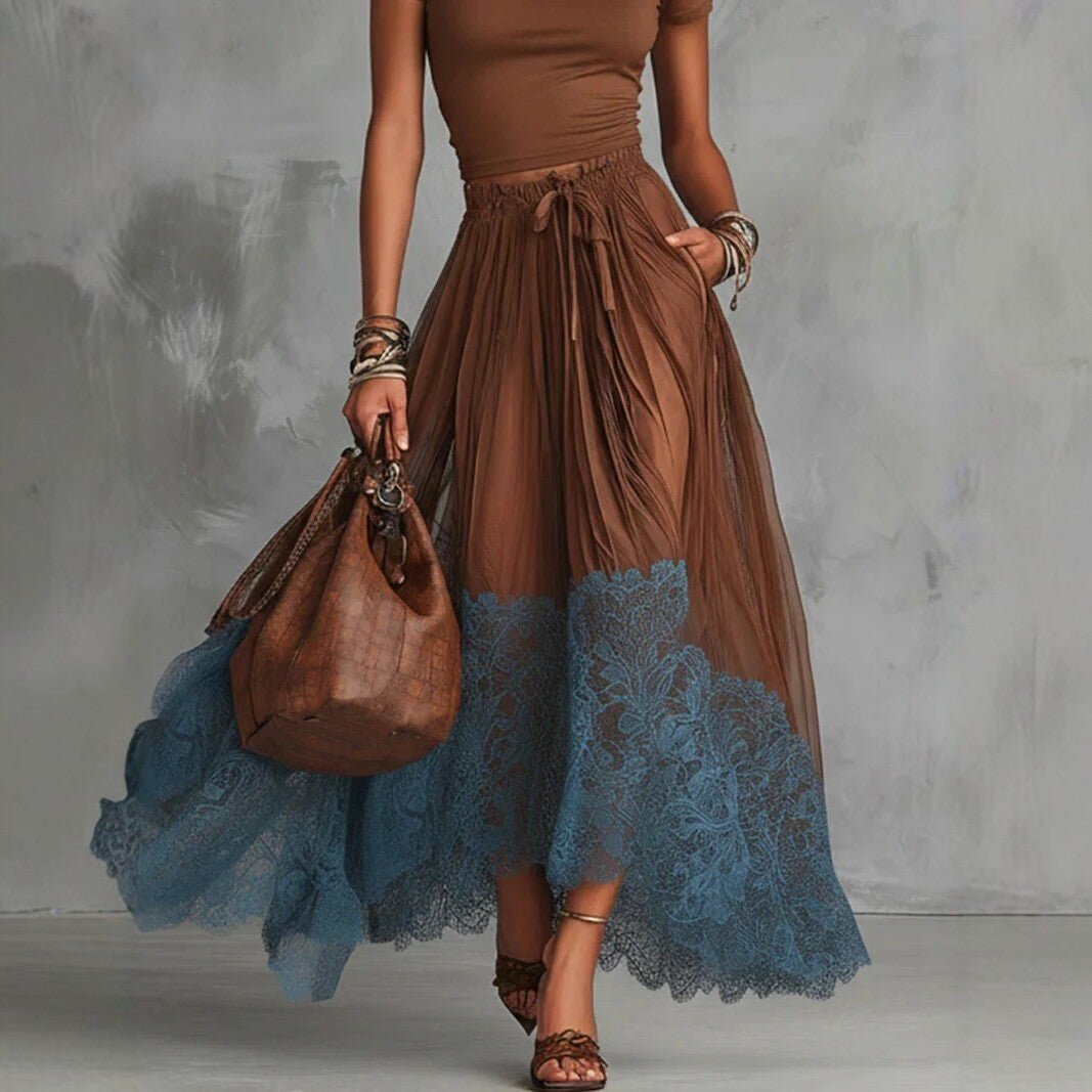 Casualwear set with a short-sleeve top and lace-panel midi skirt by Plush Fashion Hub, shown on a model.