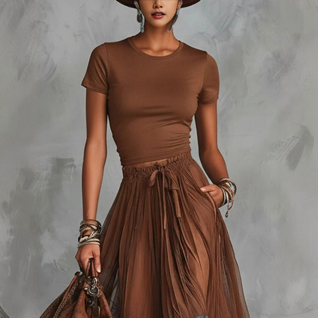 Casualwear set featuring a short-sleeve top and a lace-panel midi skirt from Plush Fashion Hub, styled together on a model.
