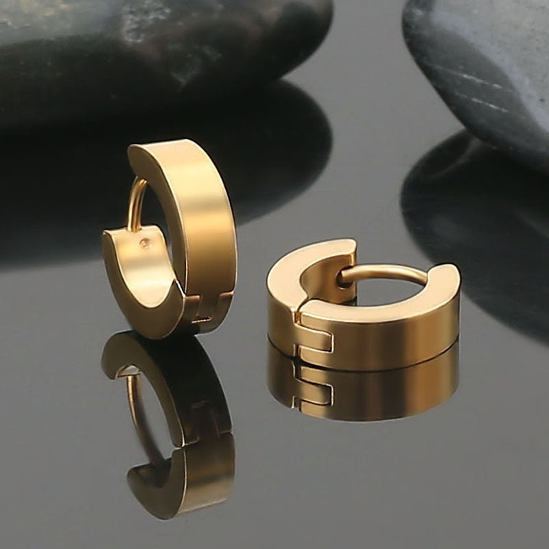 Simple electroplated stainless steel earrings with a sleek, minimalist design, featuring a shiny finish on a white background.