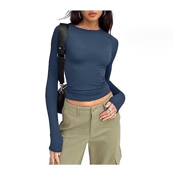 Slim fit women's long sleeve casual shirt from Plush Fashion Hub, styled as a trendy crop top, perfect for everyday wear.